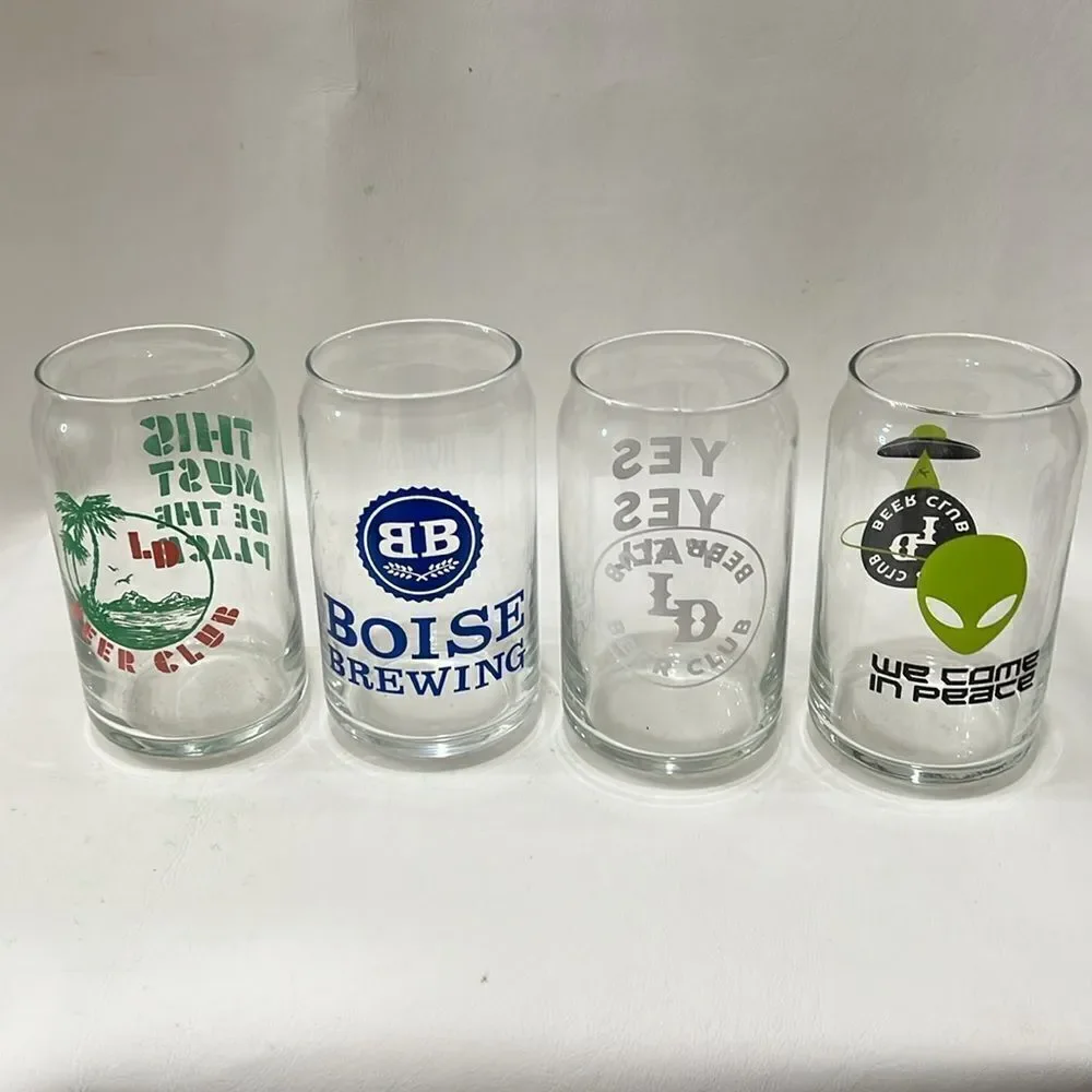 Beer Glasses 16 Ounce Blue Green Or White Lettering 5 1/4 In Tall 2 1/2 In Round